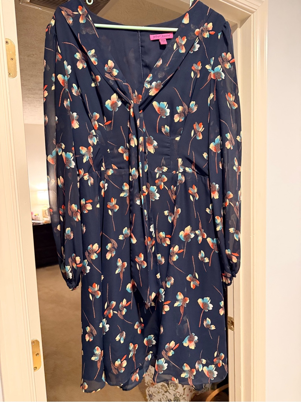 Betsey Johnson Navy Floral Long-Sleeve Bow-Tie Dress